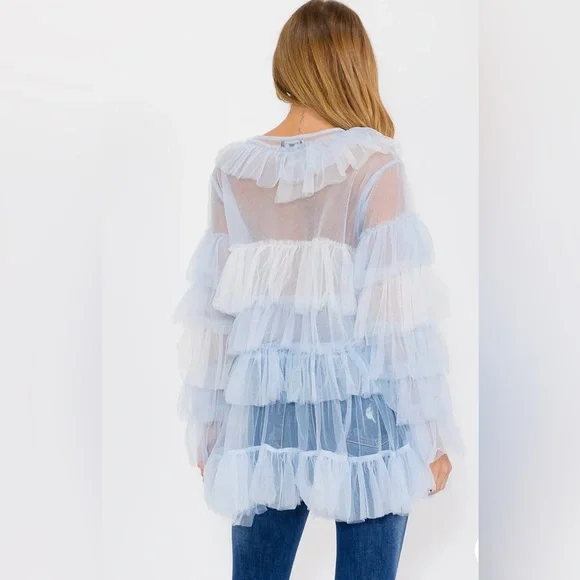 Women's Sheer Ruffle Blouse - Light Blue - Picture 2 of 4